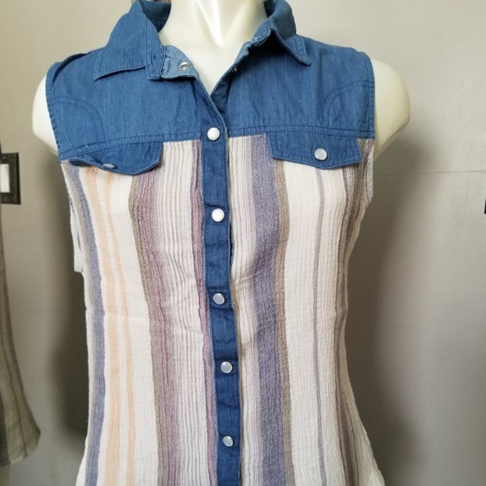 Vintage 90's Retro Denim and fabric Button Down Tank Top